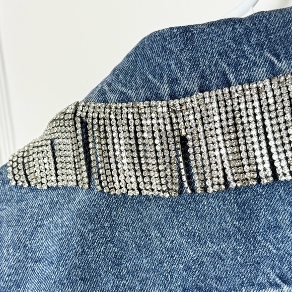 SANDRO Crystal Rhinestone Fringe Collar‎ Oversized Denim Trucker Jean Jacket M - Picture 15 of 15